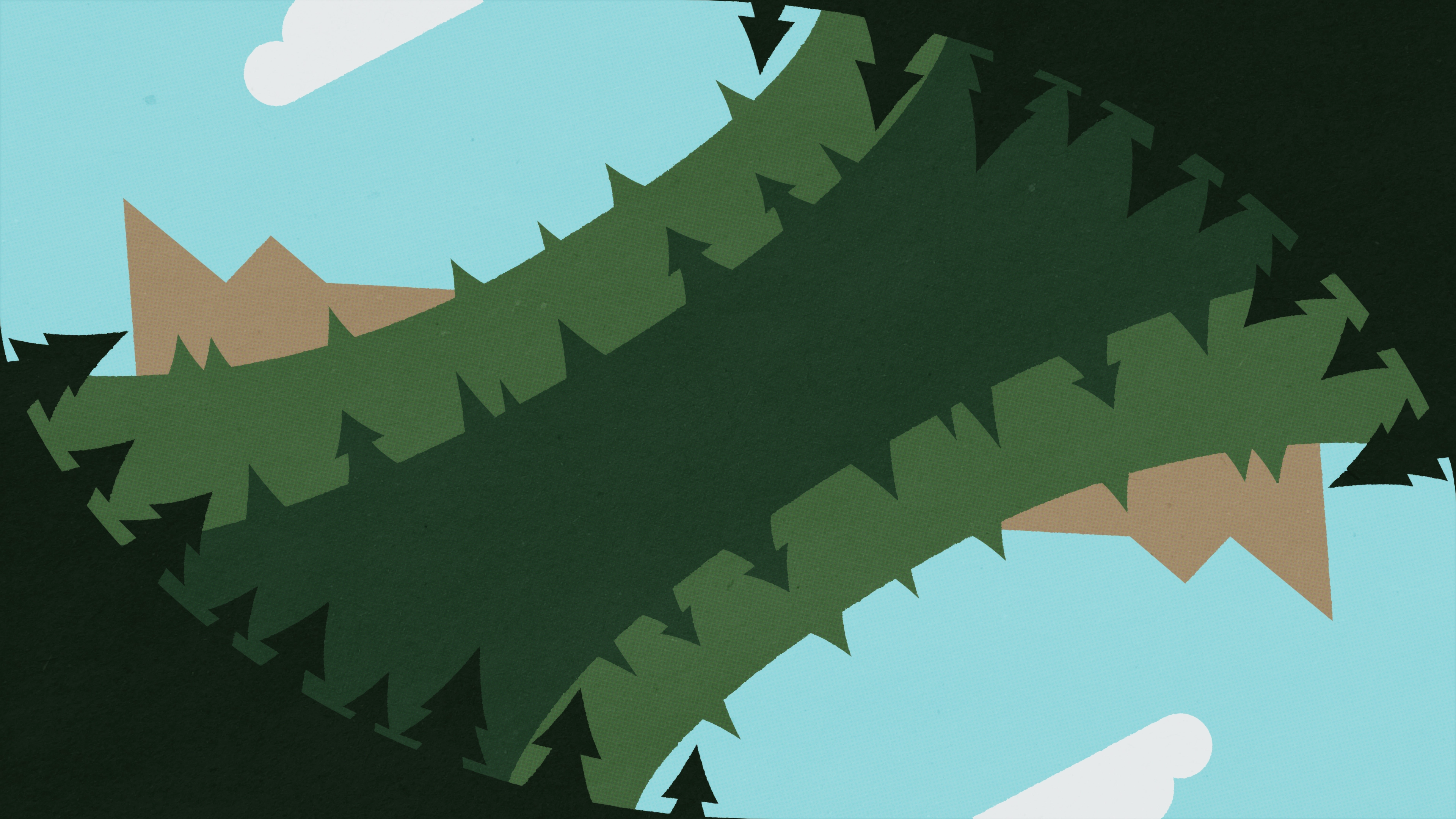 Minimalist art depicting an impossible forest with mountains overlooking it. The forest is structured as a ring, viewed from the side.

                        There is a distressed halftone effect over the whole image.
